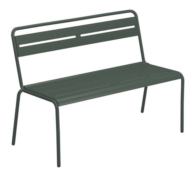 Grüne Emu Star Bank für den Außenbereich, Gartenbank aus Metall mit Rückenlehne.